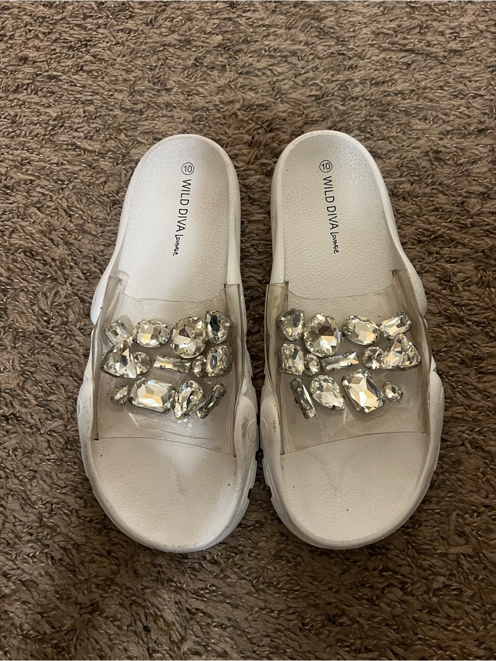 Wild Diva Clear Jeweled White Slide Sandals